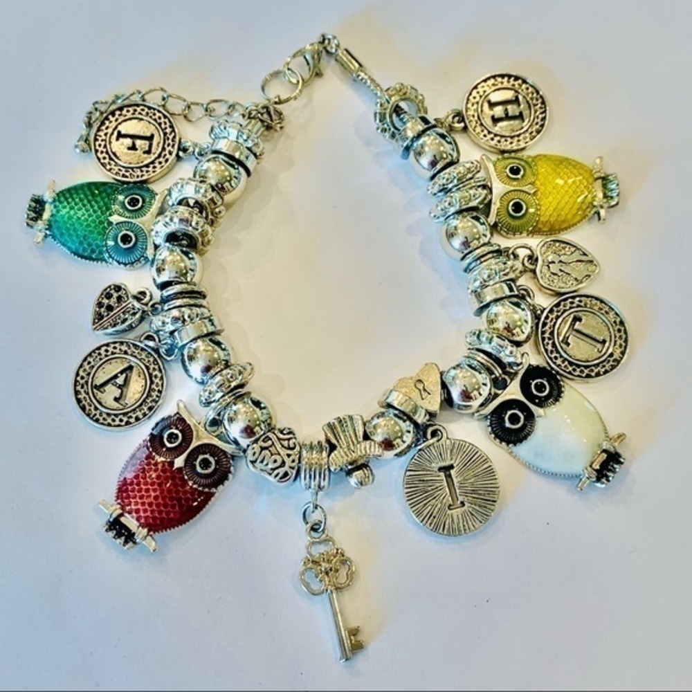 Owl charm FAITH silver tone bead bracelet